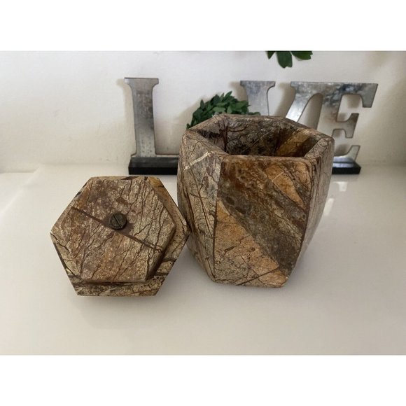 Hexagonal Stone Canister Lidded Container Trinket Box Port To Port Vintage Brown - Picture 2 of 16